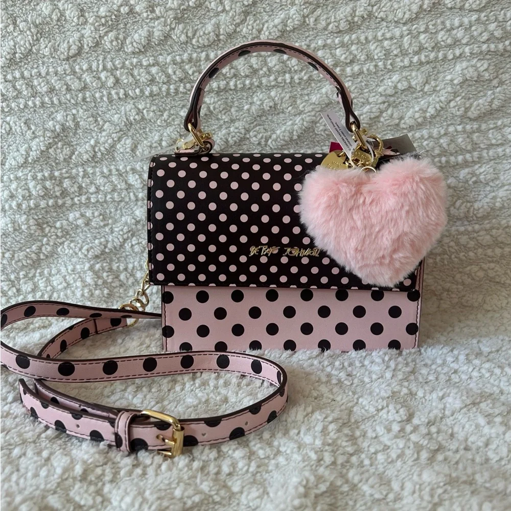 Betsey Johnson Polka Dot Bow Top Handle Crossbody Purse w/ Fluffy Pink Heart - Picture 2 of 5